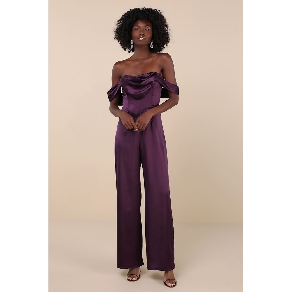 Lulus Plum Purple Satin Off-the-Shoulder Corset Wide Leg‎ Jumpsuit XS NWT